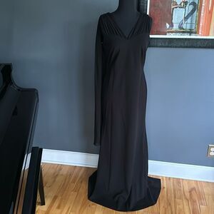 DKNY black chiffon sweetheart neckline sheer gathered shoulder draped back maxi